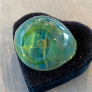 Green glass ring with opal inside!  Brand new!